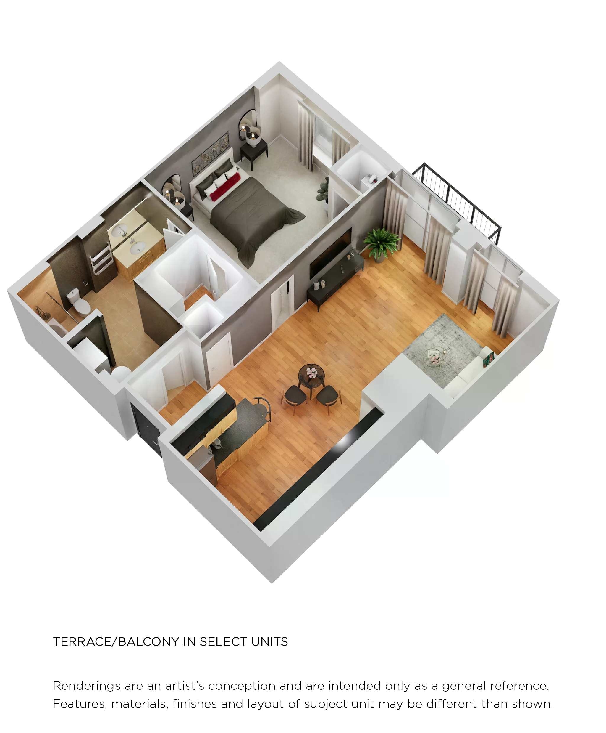 Floor plan for 1 bed, 1 bath, 754 sqft
